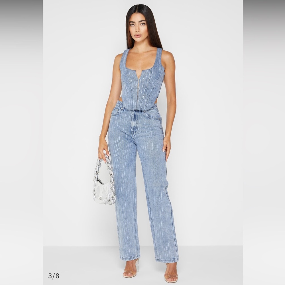 MANIERE DE VOIR RHINESTONE MOM JEANS IN MID BLUE